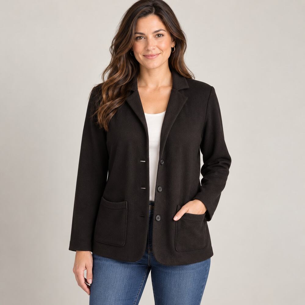 Tahari Black Ponte Knit Blazer Black M Stretch 3 Button Patch Pockets